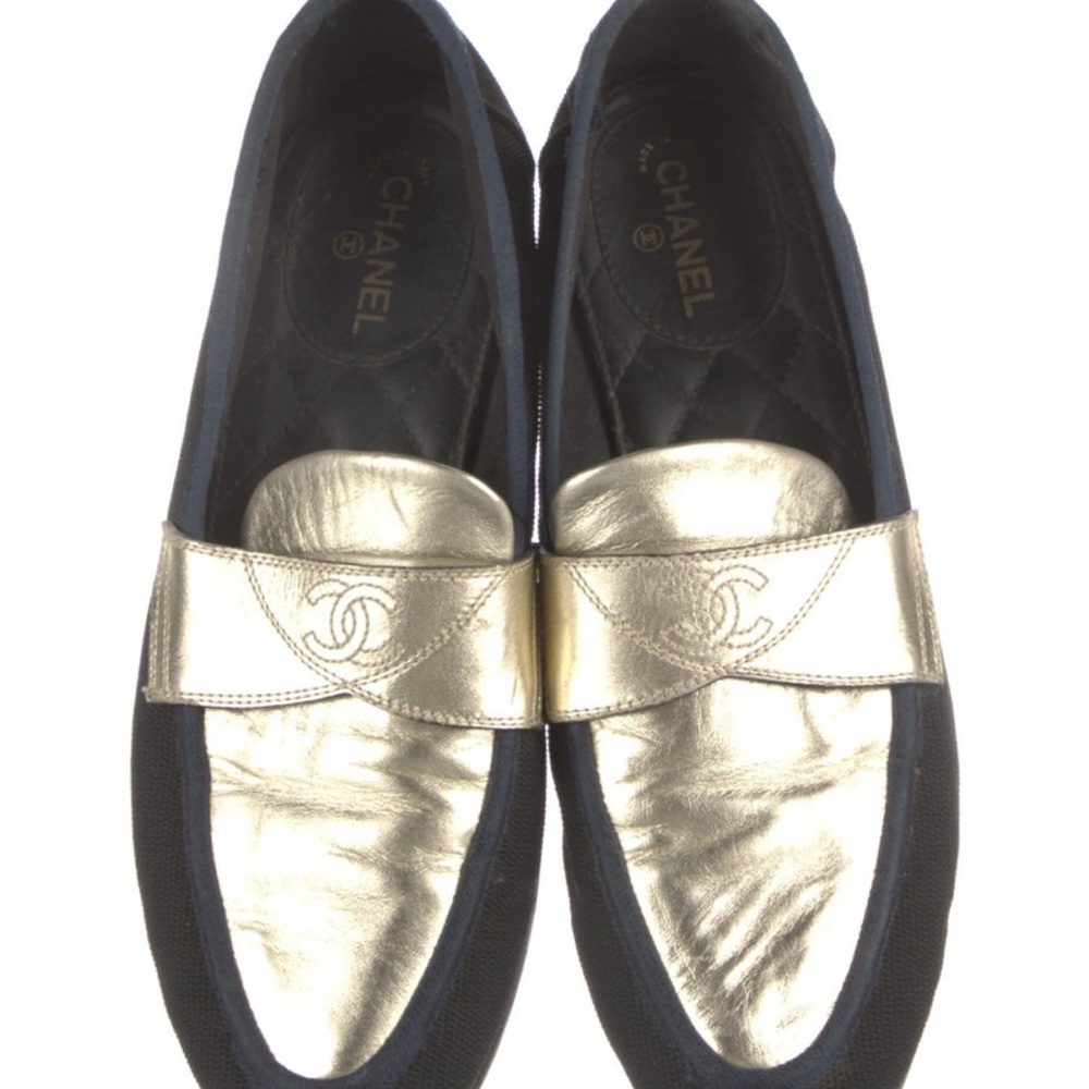 CHANEL Navy and Gold Loafers